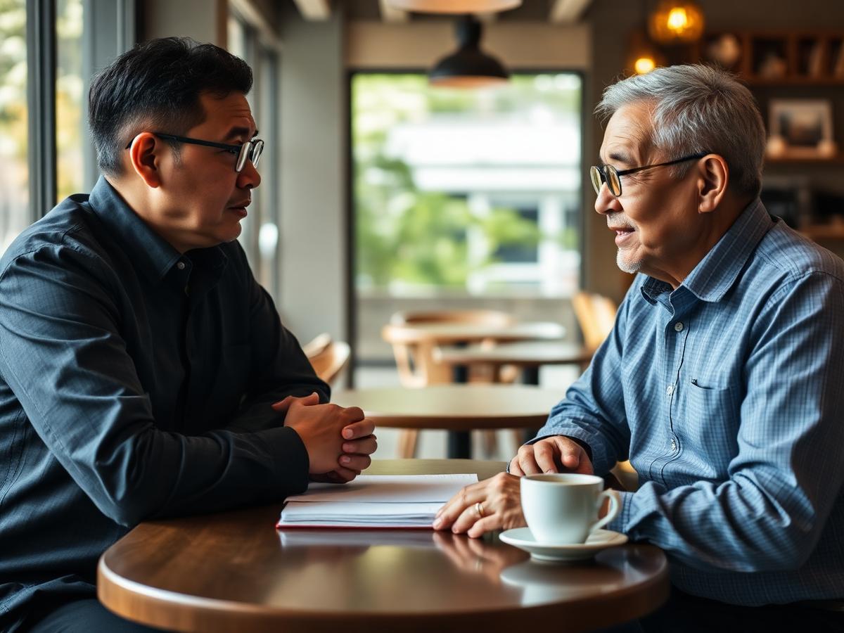 Experienced mentor advising a young founder across a table